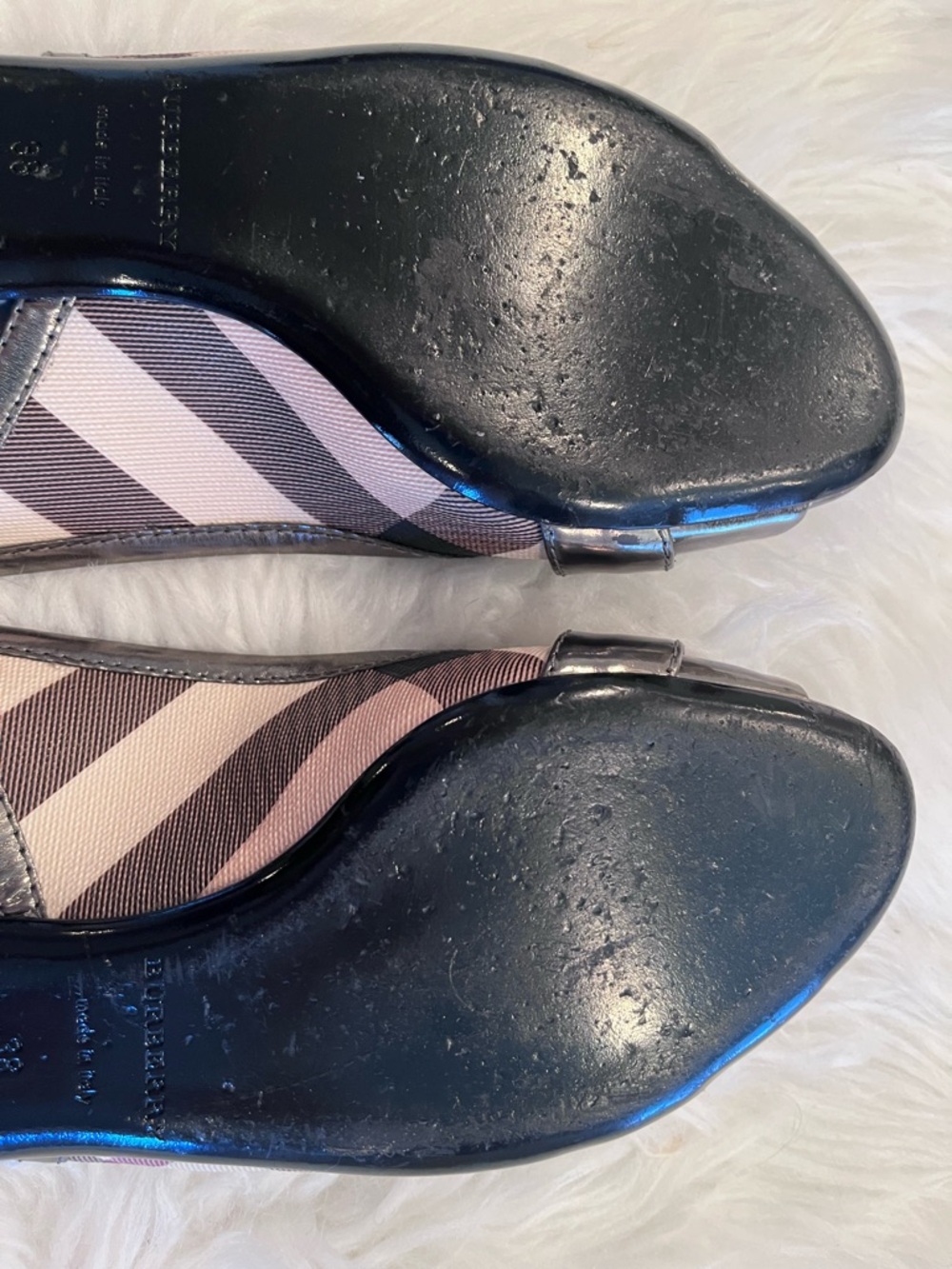 Burberry 38 Pewter Metallic Nova Check Sling-Back Peep-Toe Flats - Picture 7 of 11